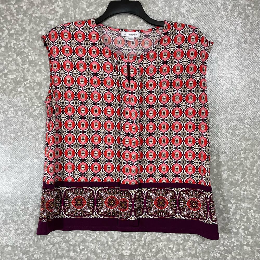 Liz Claiborne Women's Red Medallion Print Boxy Top - Size Large - Preppy Career